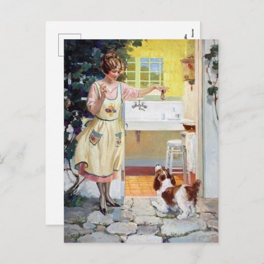 Kute retro  dame die het briefkaart van de hond vo (Voorkant / Achterkant)