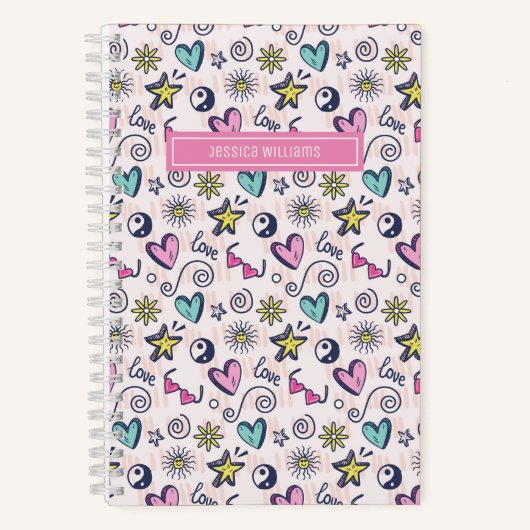 Kute Retro Doodle Heart Star Love Patroon Notitieboek (Voorkant)