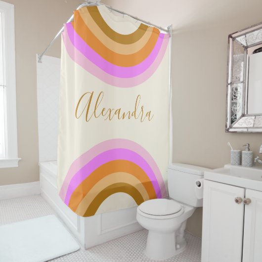 Kute Retro Double Rainbow Personated Script Roze Douchegordijn (In situ)