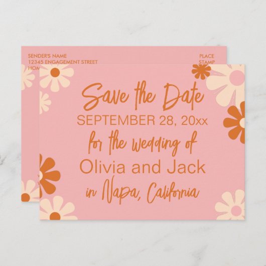 Kute Retro Floral Pink en Oranje Opslaan Datum Briefkaart (Voorkant / Achterkant)
