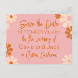 Kute Retro Floral Pink en Oranje Opslaan Datum Briefkaart