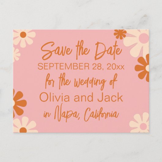 Kute Retro Floral Pink en Oranje Opslaan Datum Briefkaart (Voorkant)