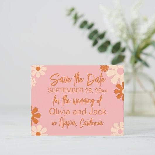 Kute Retro Floral Pink en Oranje Opslaan Datum Briefkaart (Staand voorkant)