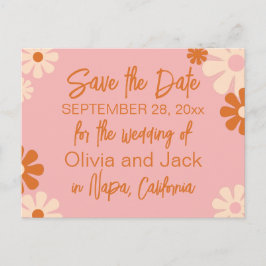 Kute Retro Floral Pink en Oranje Opslaan Datum Briefkaart