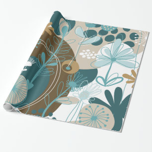 Kute Retro Floral Vector, Aqua Blauwgroen Brown Cadeaupapier