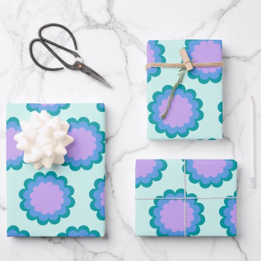Kute Retro Flower Pattern in Mint en Paars Inpakpapier Vel (Voorkant)