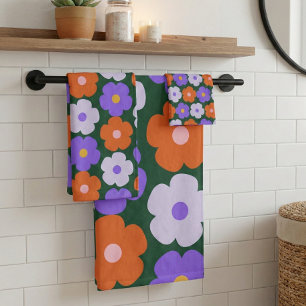Kute Retro Flower Pattern in Paars and Green Bad Handdoek