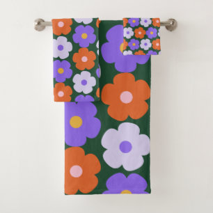 Kute Retro Flower Pattern in Paars and Green Bad Handdoek