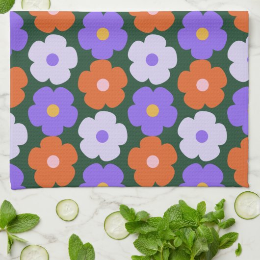 Kute Retro Flower Pattern in Paars and Green Theedoek (Gevouwen)