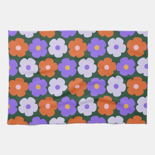 Kute Retro Flower Pattern in Paars and Green Theedoek (Horizontaal)