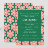 Kute Retro Flower Pink Green Bat Mitzvah Kaart (Voorkant / Achterkant)