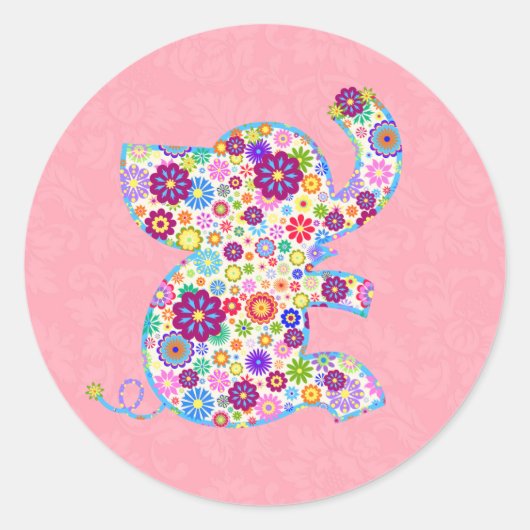 Kute Retro Flowers Cartoon Style Elephant Ronde Sticker (Voorkant)