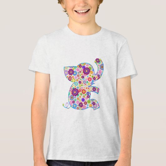 Kute Retro Flowers Cartoon Style Elephant Tri-Blend Shirt (Voorkant)