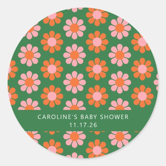 Kute Retro Flowers Green Roze Custom Baby shower Ronde Sticker (Voorkant)