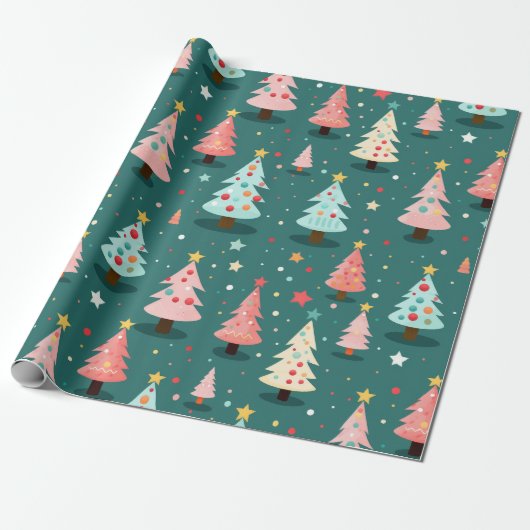Kute Retro kerstbomen Cadeaupapier (Uitgerold)