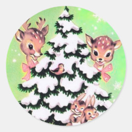 Kute Retro-kerstman en Bunnies Ronde Sticker