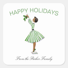 Kute  Retro-kerstmeisje in Dress Vierkante Sticker