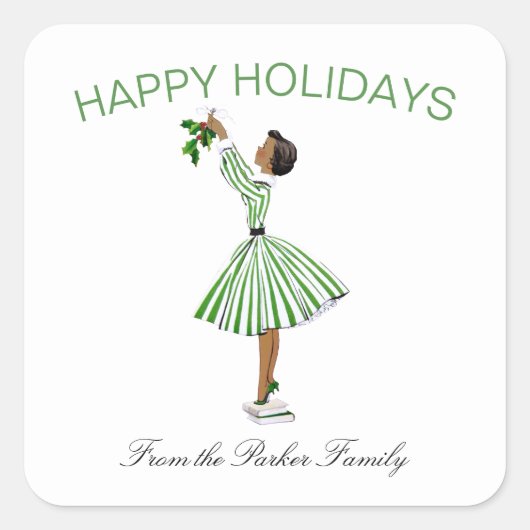 Kute  Retro-kerstmeisje in Dress Vierkante Sticker (Voorkant)