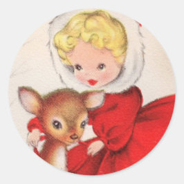 Kute Retro-kerstmeisje met Baby Deer Ronde Sticker