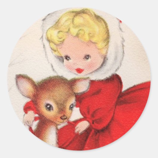 Kute Retro-kerstmeisje met Baby Deer Ronde Sticker (Voorkant)