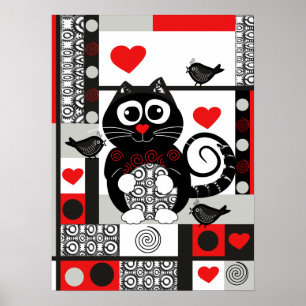 Kute retro-poster met katten, vogels, hart en stip poster