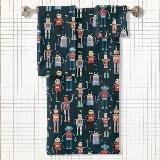 Kute Retro Robots Dark Bad Handdoek