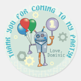 Kute robot met ballonnen eerste geboorteledetekker ronde sticker
