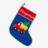 Kute rode vrachtwagen met kerstboomvoorraad kind kleine kerstsok (Voorkant (Hangend))