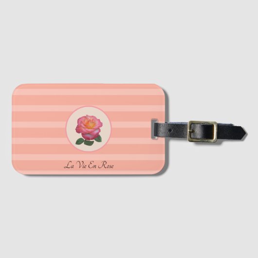 Kute Roos ventilator op koraalroze gestreept Bagagelabel (Voorkant (horizontaal))