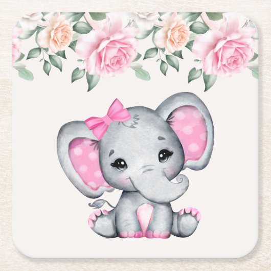 Kute roze Baby Elephant and Roos Border Kartonnen Onderzetters (Voorkant)