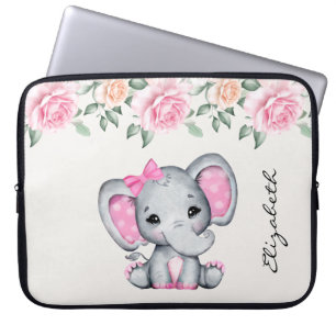 Kute roze Baby Elephant and Roos Border Laptop Sleeve