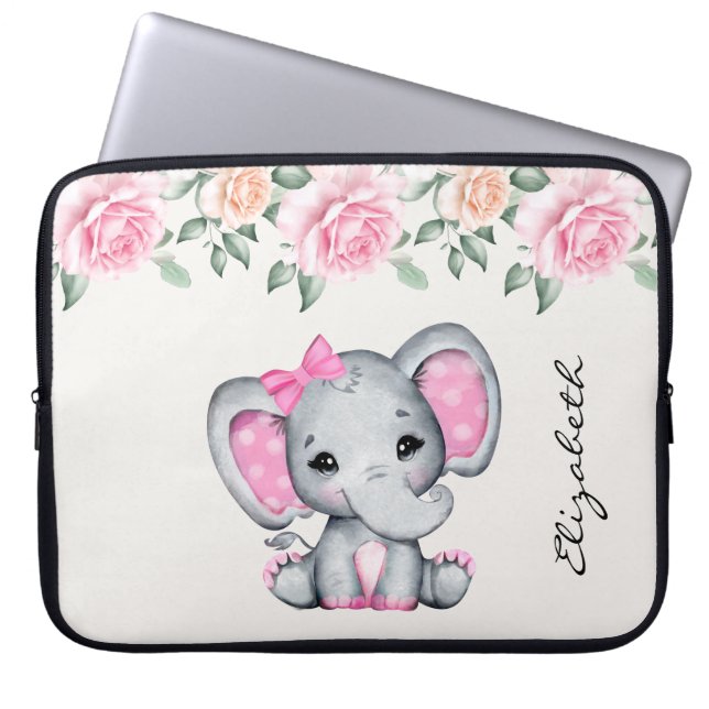 Kute roze Baby Elephant and Roos Border Laptop Sleeve (Voorkant)