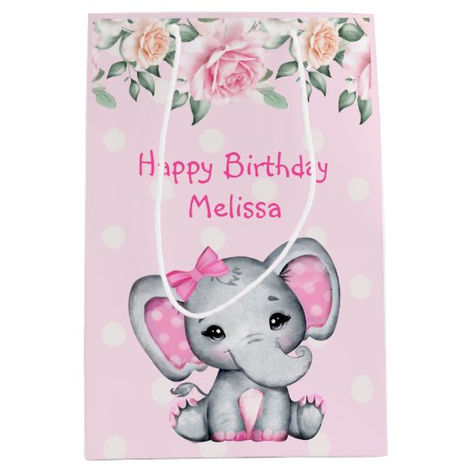 Kute roze Baby Elephant and Roos Border Medium Cadeauzakje (Voorkant)