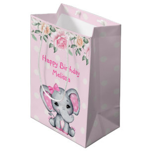 Kute roze Baby Elephant and Roos Border Medium Cadeauzakje
