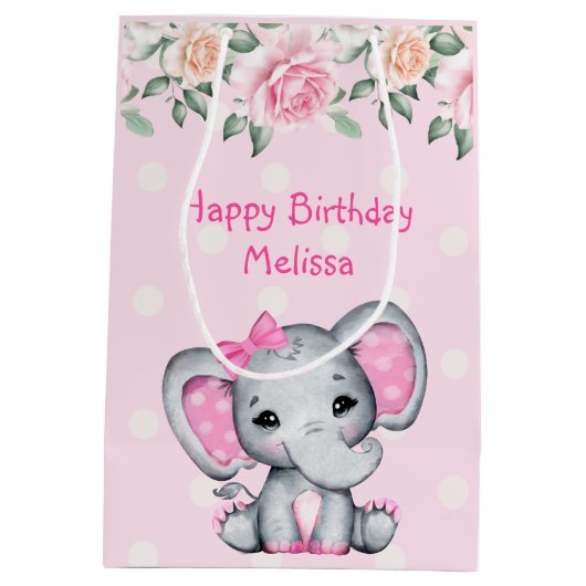 Kute roze Baby Elephant and Roos Border Medium Cadeauzakje (Achterkant)