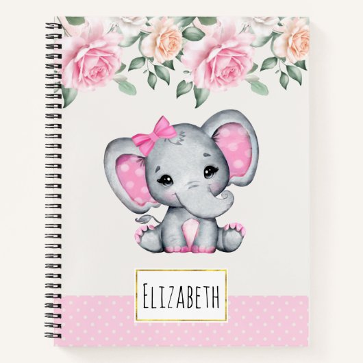 Kute roze Baby Elephant and Roos Border Notitieboek (Voorkant)