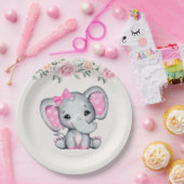 Kute roze Baby Elephant and Roos Border Papieren Bordje (Feest)