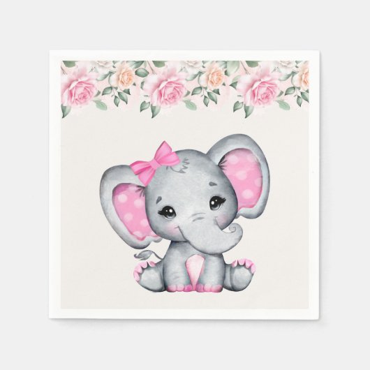 Kute roze Baby Elephant and Roos Border Servet (Voorkant)