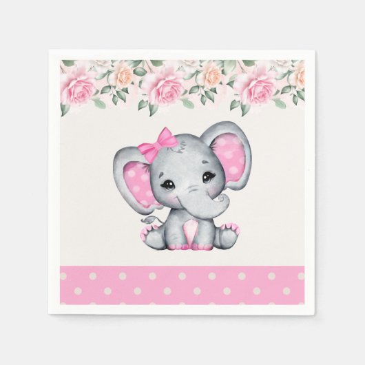 Kute roze Baby Elephant and Roos Border Servet (Voorkant)