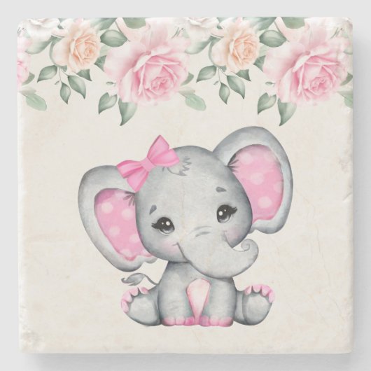 Kute roze Baby Elephant and Roos Border Stenen Onderzetter (Voorkant)