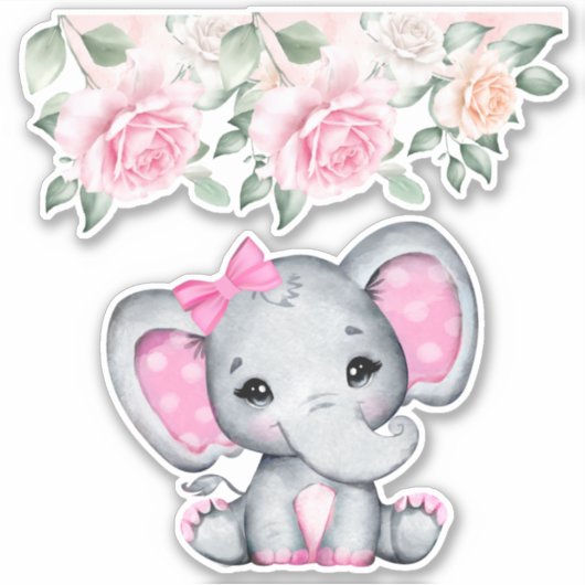 Kute roze Baby Elephant and Roos Border Sticker (Voorkant)