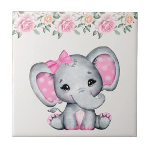 Kute roze Baby Elephant and Roos Border Tegeltje