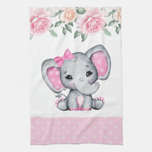 Kute roze Baby Elephant and Roos Border Theedoek