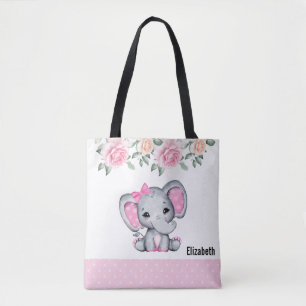 Kute roze Baby Elephant and Roos Border Tote Bag