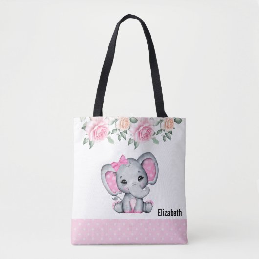 Kute roze Baby Elephant and Roos Border Tote Bag (Voorkant)