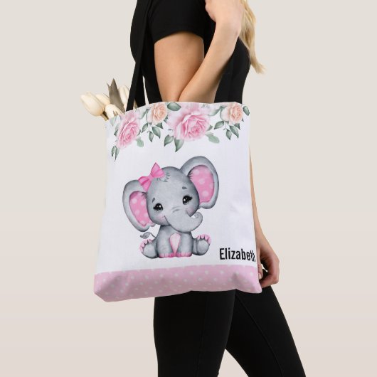 Kute roze Baby Elephant and Roos Border Tote Bag (Dichtbij)