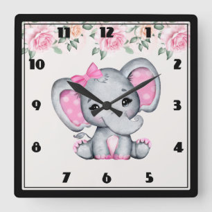 Kute roze Baby Elephant and Roos Border Vierkante Klok