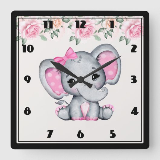 Kute roze Baby Elephant and Roos Border Vierkante Klok (Voorkant)