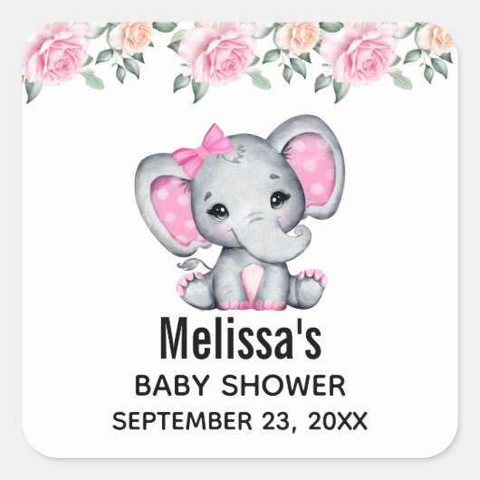 Kute roze Baby Elephant and Roos Border Vierkante Sticker (Voorkant)
