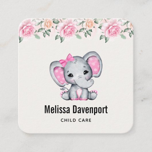 Kute roze Baby Elephant and Roos Border Vierkante Visitekaartje (Voorkant)